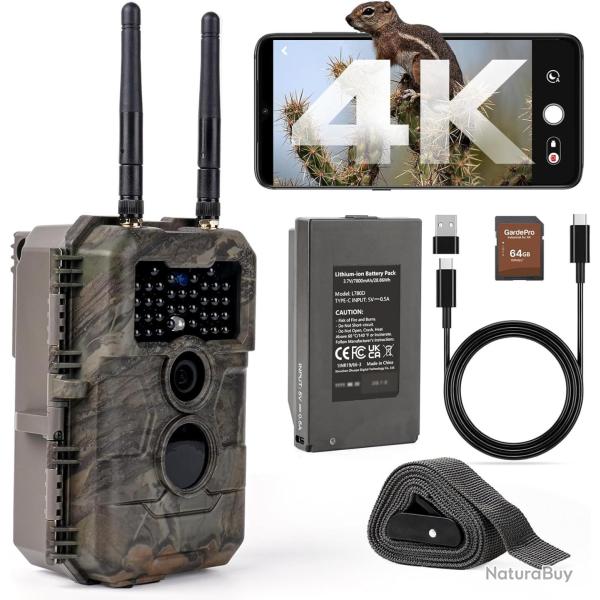 Camera de Chasse WiFi 4K, Batterie de 7800 mAh et Carte SD de 64 Go, Port�e WiFi de 50 m�tres, 64MP