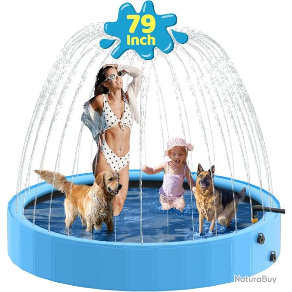 Piscine pour Chien Pliable avec Sprinkler, Grande Piscine Chien 200cm Antid�rapante en PVC avec Jet
