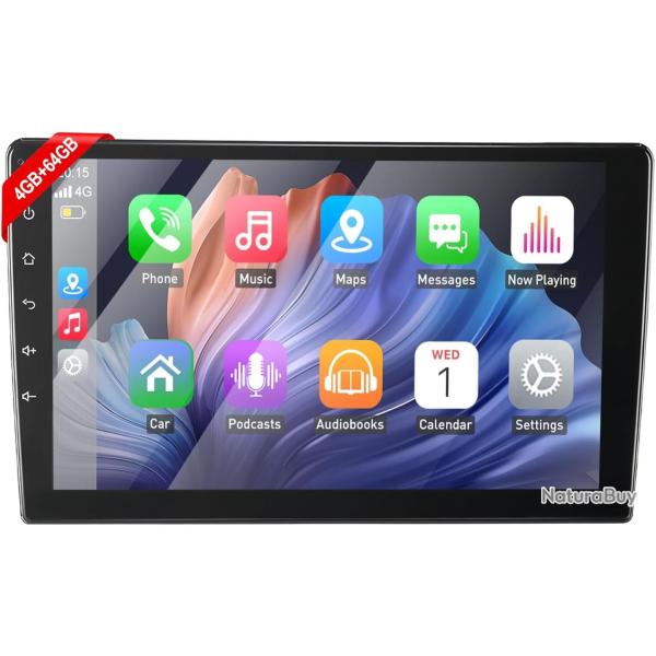 Autoradio 2 DIN (17.8x10cm), Android 15, �cran IPS 10 Pouces, 4Go+64Go Car Stereo avec Apple CarPlay