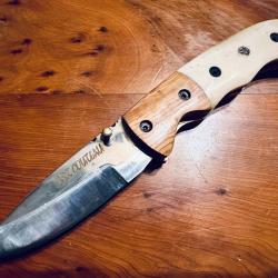 Couteau pliant - Manche bois d'olivier/os - Conception artisanale pi&egrave;ce unique.