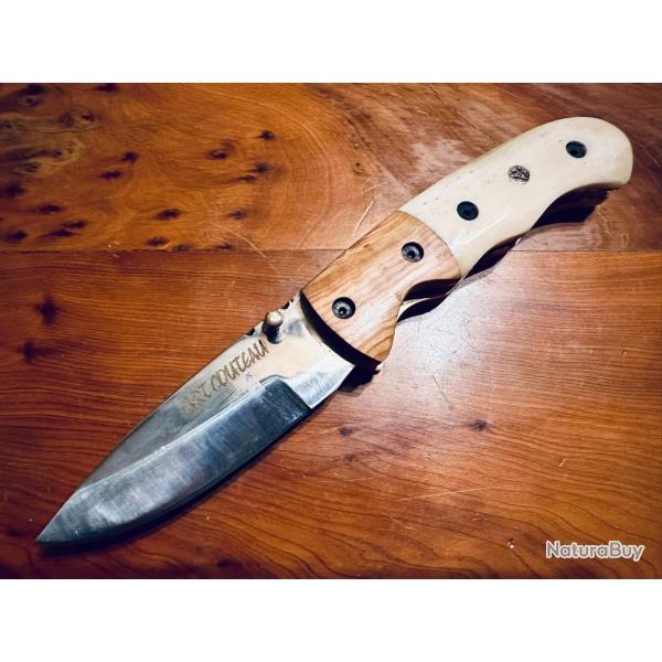 Couteau pliant - Manche bois d'olivier/os - Conception artisanale pi�ce unique.