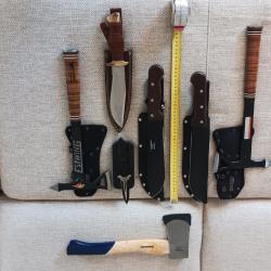 Lot de 7 articles, hachette, machette, couteau de chasse, couteau pliant.