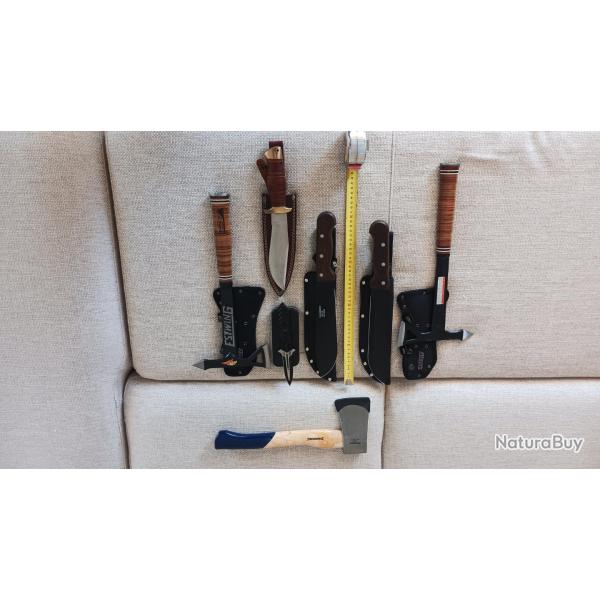 Lot de 7 articles, hachette, machette, couteau de chasse, couteau pliant.