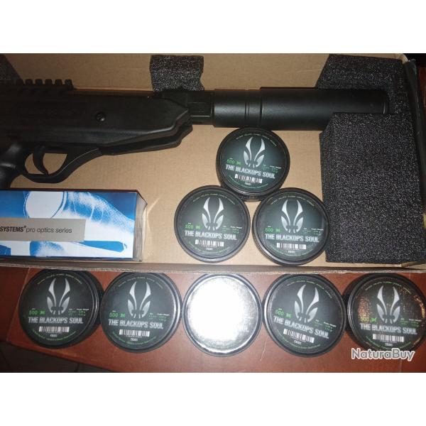 Pistolet black ops silencer 10 j, point rouge asg et 8 boites de plombs 4,5 mm black ops Garantie