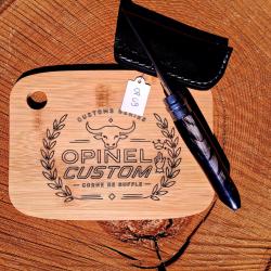 OP09 -opinel n&deg;8 custom - corne de buffle - &eacute;tui + planche grav&eacute;e