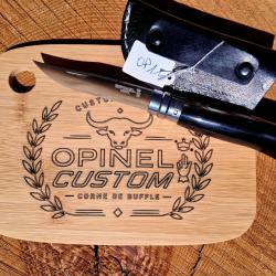 OP11 - opinel n&deg;8 custom - corne de buffle - &eacute;tui + planche grav&eacute;e