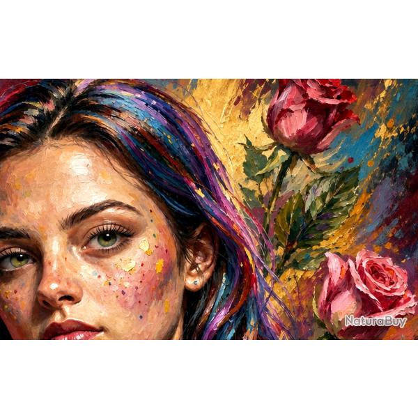 Peinture impressionniste "La Miss aux roses" - (60x60 cm) sur Toile ou aluminium Dibond