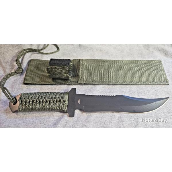Couteau Bowie Rite Edge Military Survie Lame Acier Inox Black Manche OD Green Corde Etui Nylon 0665