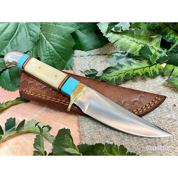Couteau Skinner Daylight Hunter Lame Acier Inoxydable Manche Os & R�sine Turquoise Etui Cuir 54BO