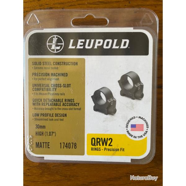 Collier de montage amovible LEUPOLD QRW2 30mm haut noir mat.