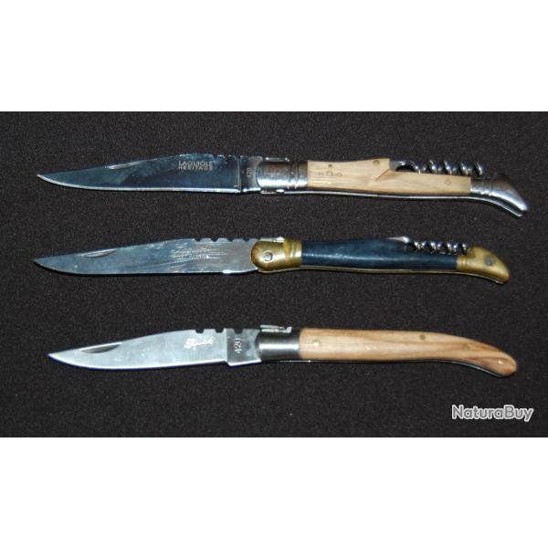 LAGUIOLE , LOT DE TROIS COUTEAUX DONT DEUX AVEC TIRE BOUCHON