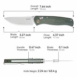 Couteau SRM Medal 255L-MG3 Lame Acier 140Cr Lamin&eacute; Manche Micarta Vert Ambi-Lock Clip SRM255LMG3