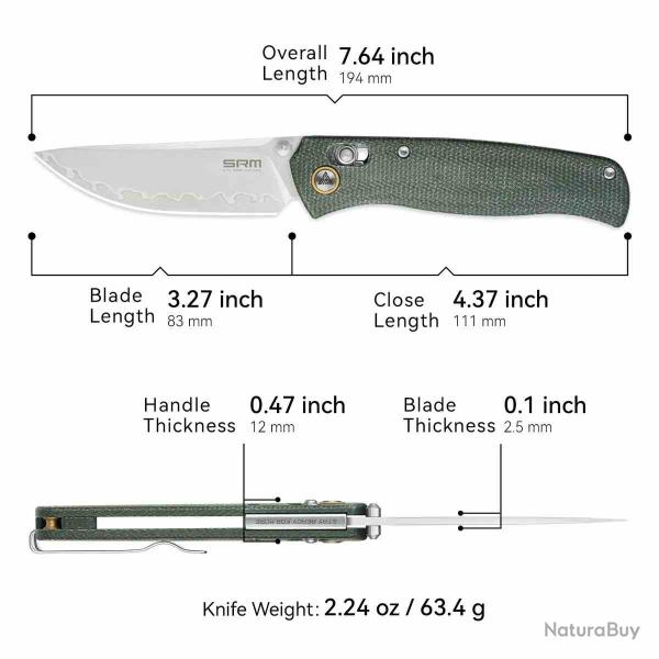 Couteau SRM Medal 255L-MG3 Lame Acier 140Cr Lamin� Manche Micarta Vert Ambi-Lock Clip SRM255LMG3
