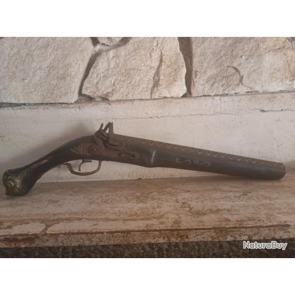 Pistolet  arabe afganistane de traite a silex d ' arcon , inposant canon belle piece