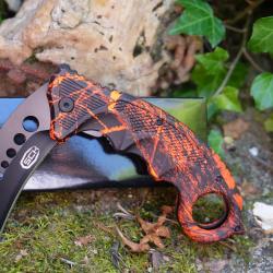 Couteau Karambit Semi AUtomatique Camo Lame Griffe Acier Black | Manche Abs Black & Red Linerlock