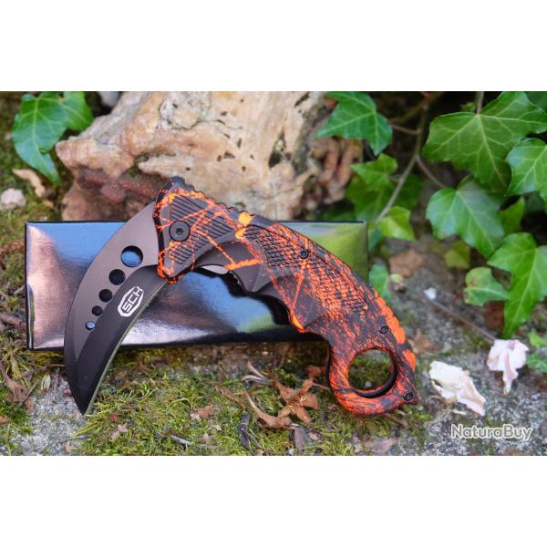 Couteau Karambit Semi AUtomatique Camo Lame Griffe Acier Black | Manche Abs Black & Red Linerlock