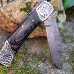 Couteau Lame Damas 128 Couches Style Buck 112 Manche Smoke Fabr Artisanale S&eacute;curit&eacute; Lockback