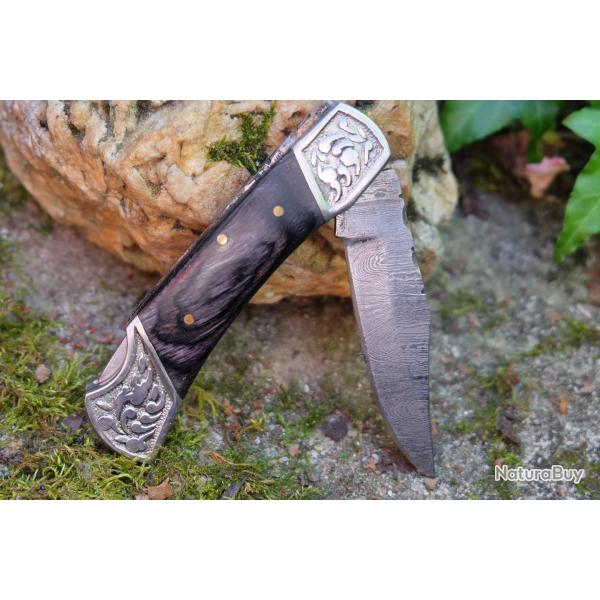 Couteau Lame Damas 128 Couches Style Buck 112 Manche Smoke Fabr Artisanale S�curit� Lockback