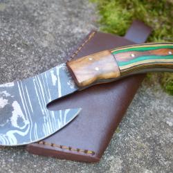 Couteau d'Esquimau Inuit Ulu/Hachoir Lame Acier Damas 256 Couches Manche 2Bois Etui Cuir F Artisan A