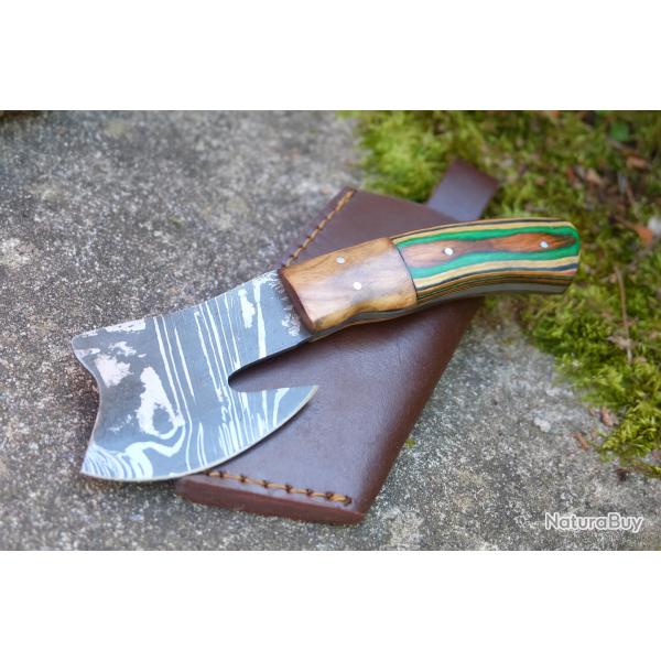 Couteau d'Esquimau Inuit Ulu/Hachoir Lame Acier Damas 256 Couches Manche 2Bois Etui Cuir F Artisan A