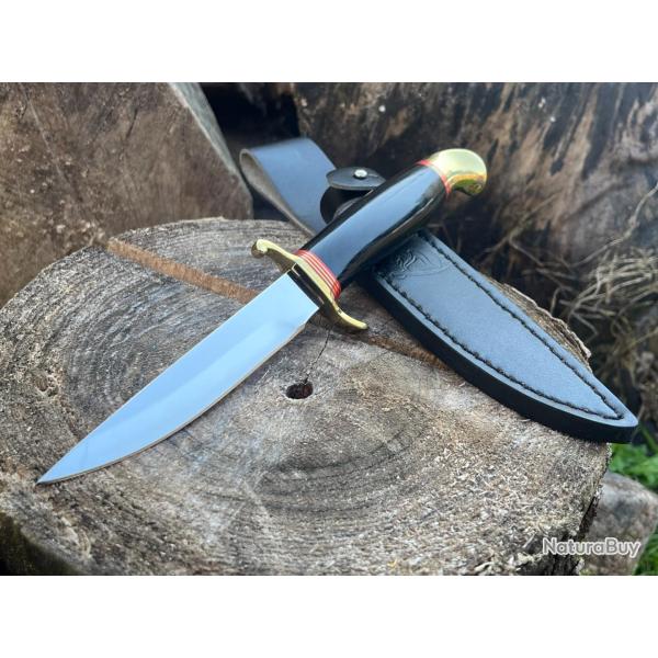 Couteau Frontier - lame clip point 9Cr18MoV - finition laiton - �tui cuir - ench�re