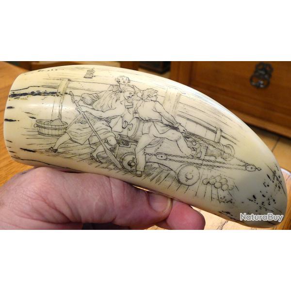 EXTRAORDINAIRE REPRODUCTION D'UNE DENT DE CACHALOT + GRAVEE A L'AIGUILLE, PUIS TEINTEE A L'ENCRE
