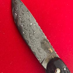Unique et exceptionnel couteau artisanal corne noire de bovin sculpt&eacute;e lame damas sign&eacute;e