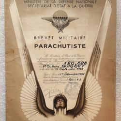 Diplome de brevet parachutiste fran&ccedil;ais 1956 guerre d'Alg&eacute;rie