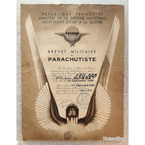 Diplome de brevet parachutiste fran�ais 1956 guerre d'Alg�rie