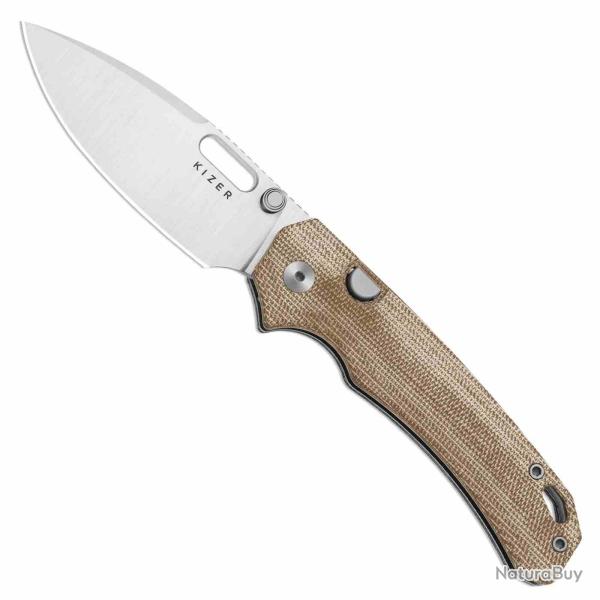 Couteau Kizer Outposter Lame Drop Point Acier Nitro-V Manche Micarta Marron Button Lock Clip KIV3802