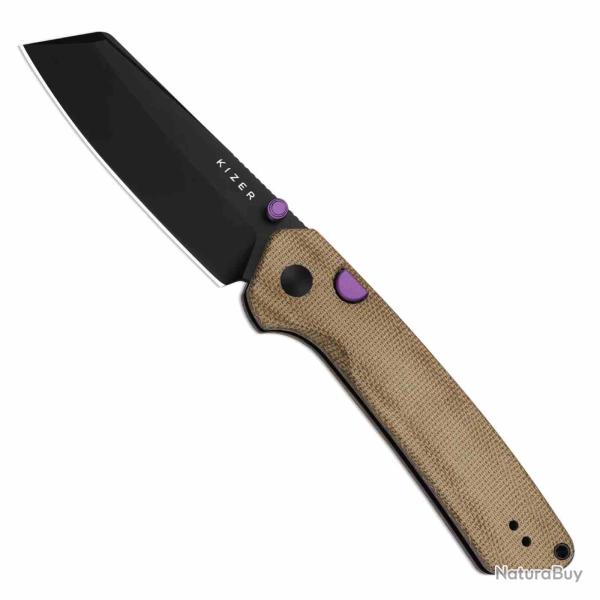 Couteau Kizer Madrac Lame Sheepsfoot Acier 14C28N Manche Micarta Marron Button Lock Clip KIV3693BSA1
