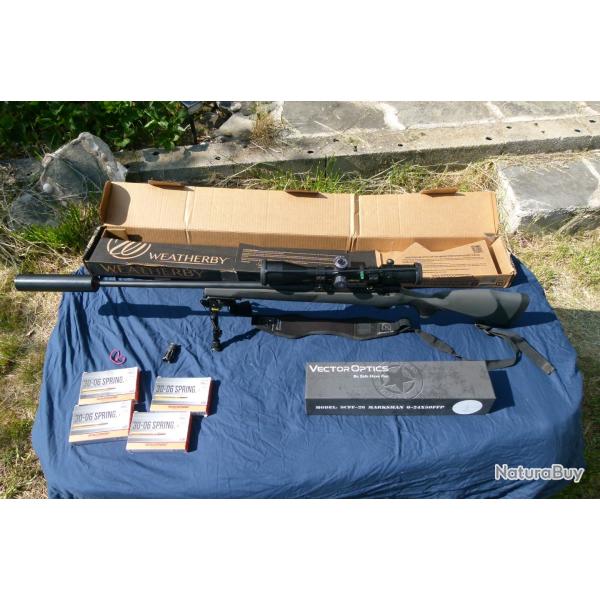 weatherby vangard synt 30.06 filet� quasi neuve ultra pr�cise + lunette, silencieux, bipied, frein