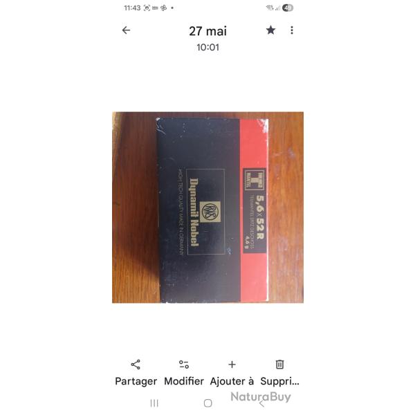 Vend 1 bo�te de cartouches a balle marque RWS cal 5 6�52 R  TM 4,6 grs