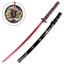 KATANA DECO LAME ACIER ROUGE MOTIF DRAGON FOURREAU NOIR