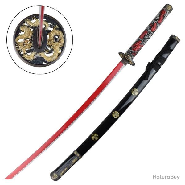 KATANA DECO LAME ACIER ROUGE MOTIF DRAGON FOURREAU NOIR