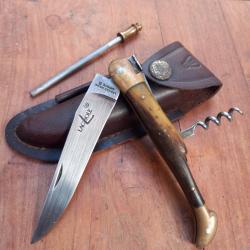 Joli Couteau LAGUIOLE ORIGINE GARANTI  2 Pi&eacute;ces Manche en Corne avec &Eacute;tui en Cuir + Aiguiseur