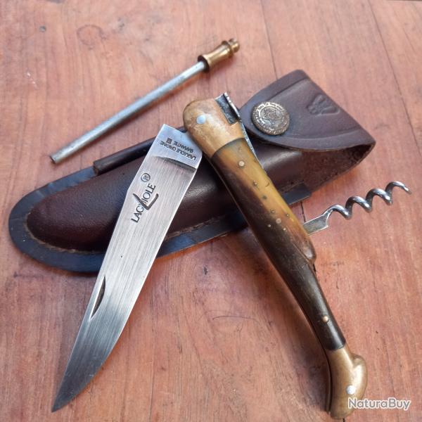 Joli Couteau LAGUIOLE ORIGINE GARANTI  2 Pi�ces Manche en Corne avec �tui en Cuir + Aiguiseur