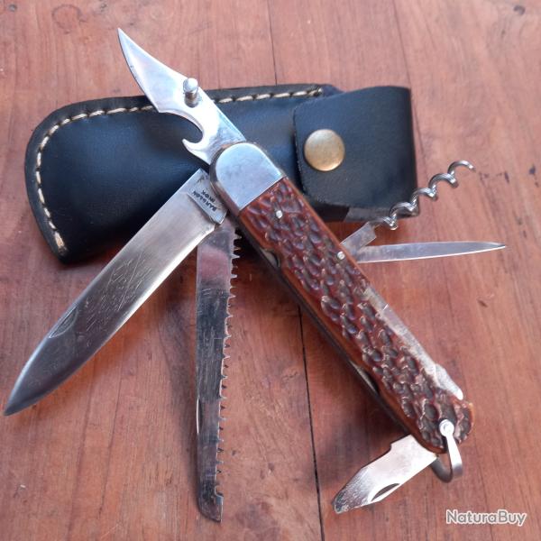 Gros et Solide Couteau BOULEDOGUE Chasseur BARGEON 6 Pi�ces Manche en Imitation Bois de Cerf �tui