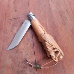 Magnifique Couteau OPINEL Inox N8 Custom Manche en Bois Sculpt&eacute;
