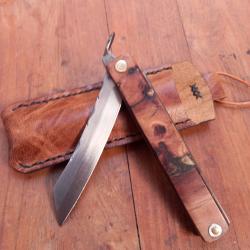 Unique et Splendide Couteau HIGONOKAMI Manche en M&eacute;tal et Loupe De Thuya avec &Eacute;tui en cuir