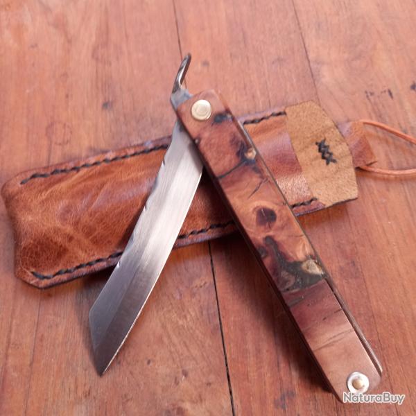 Unique et Splendide Couteau HIGONOKAMI Manche en M�tal et Loupe De Thuya avec �tui en cuir