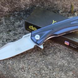 Couteau pliant Y-Start Lame Acier 440C Satin Drop Point Manche Plaquettes G10 Blue & Black Linerlock