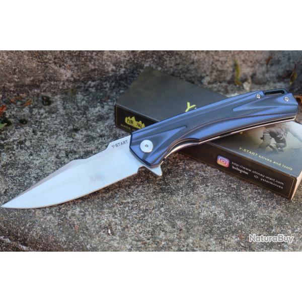Couteau pliant Y-Start Lame Acier 440C Satin Drop Point Manche Plaquettes G10 Blue & Black Linerlock
