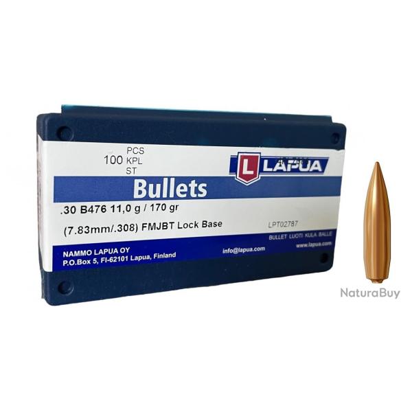 Lapua - 100 projectiles Cal .30 - 170 grs - FMJBT Lock Base - 4PL7086