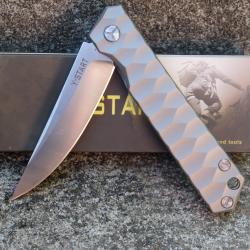 Couteau Y-Start | Lame Acier 440C Satin Trailing Point | Manche Titane Gray | Frame Lock IKBS | Clip