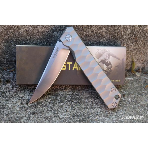 Couteau Y-Start | Lame Acier 440C Satin Trailing Point | Manche Titane Gray | Frame Lock IKBS | Clip