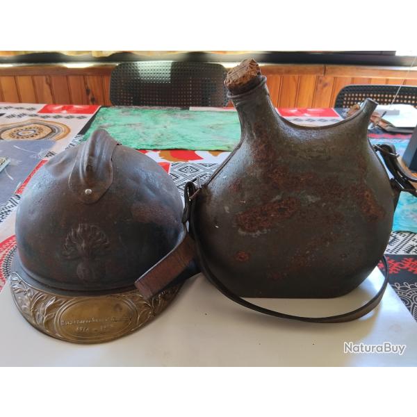 Lot casque et gourde WW 1