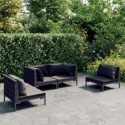 Salon de jardin 4 pcs avec coussins R&eacute;sine tress&eacute;e Gris fonc&eacute;