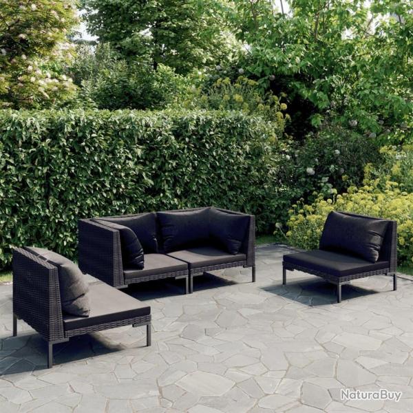 Salon de jardin 4 pcs avec coussins R�sine tress�e Gris fonc�