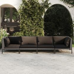 Salon de jardin 4 pcs avec coussins R&eacute;sine tress&eacute;e Gris fonc&eacute;
